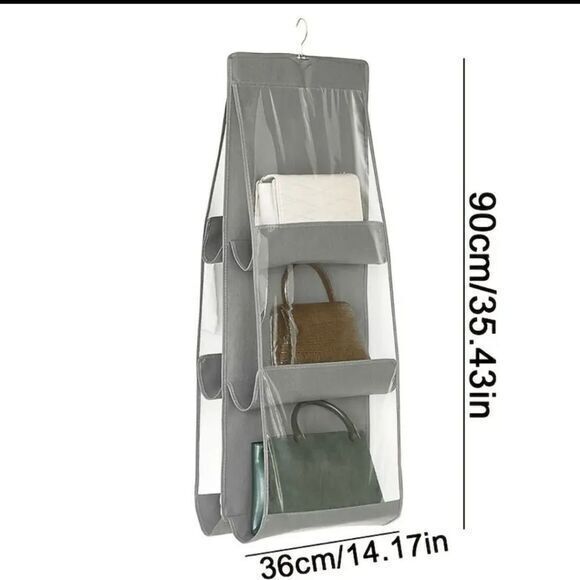 Hanging Purse Hand Bag Organizer Storage,‎ Gray Transparent Holds 6 Hang Bags - Picture 3 of 6